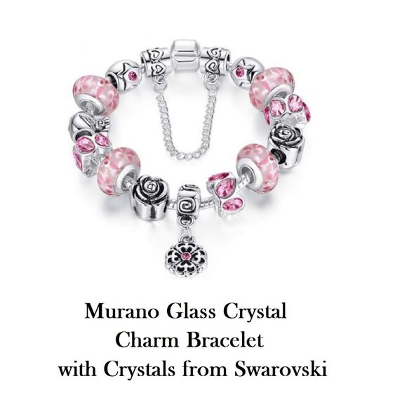 Murano Glass Pink Crystal Charm Bracelet 7.5" with Crystals From Swarovski - Picture 6 of 8